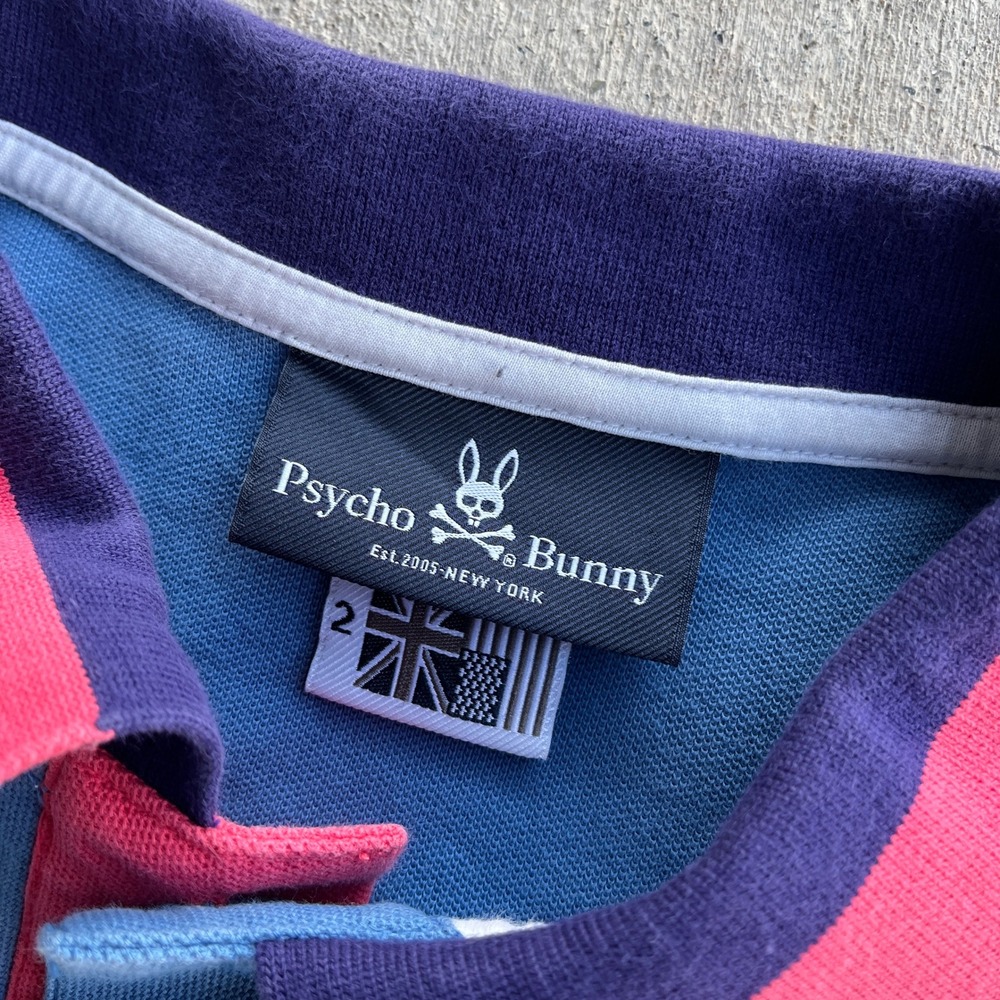 Psycho Bunny Blue Pink Trim Short‎ Sleeve Polo Shirt Size 2 XXS Pima Cotton - Picture 3 of 6